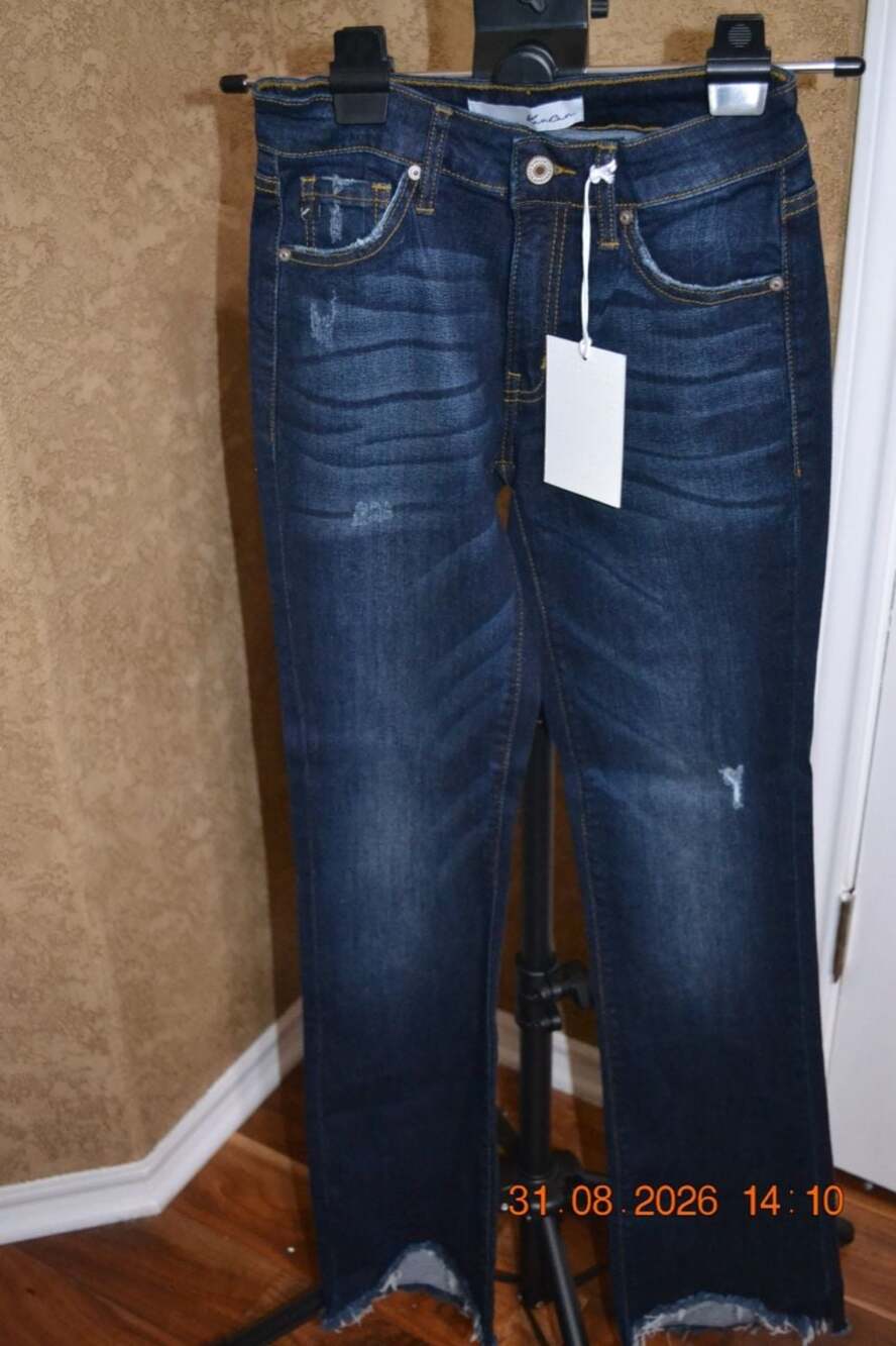 KanCan Women's Dark Wash Distressed Frayed Hem Straight Leg Denim Jeans